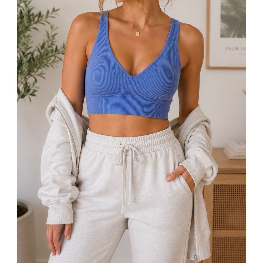 Aerie Real Good Blue Ribbed Longline Sports Bra Size L/G Low Impact Lounge